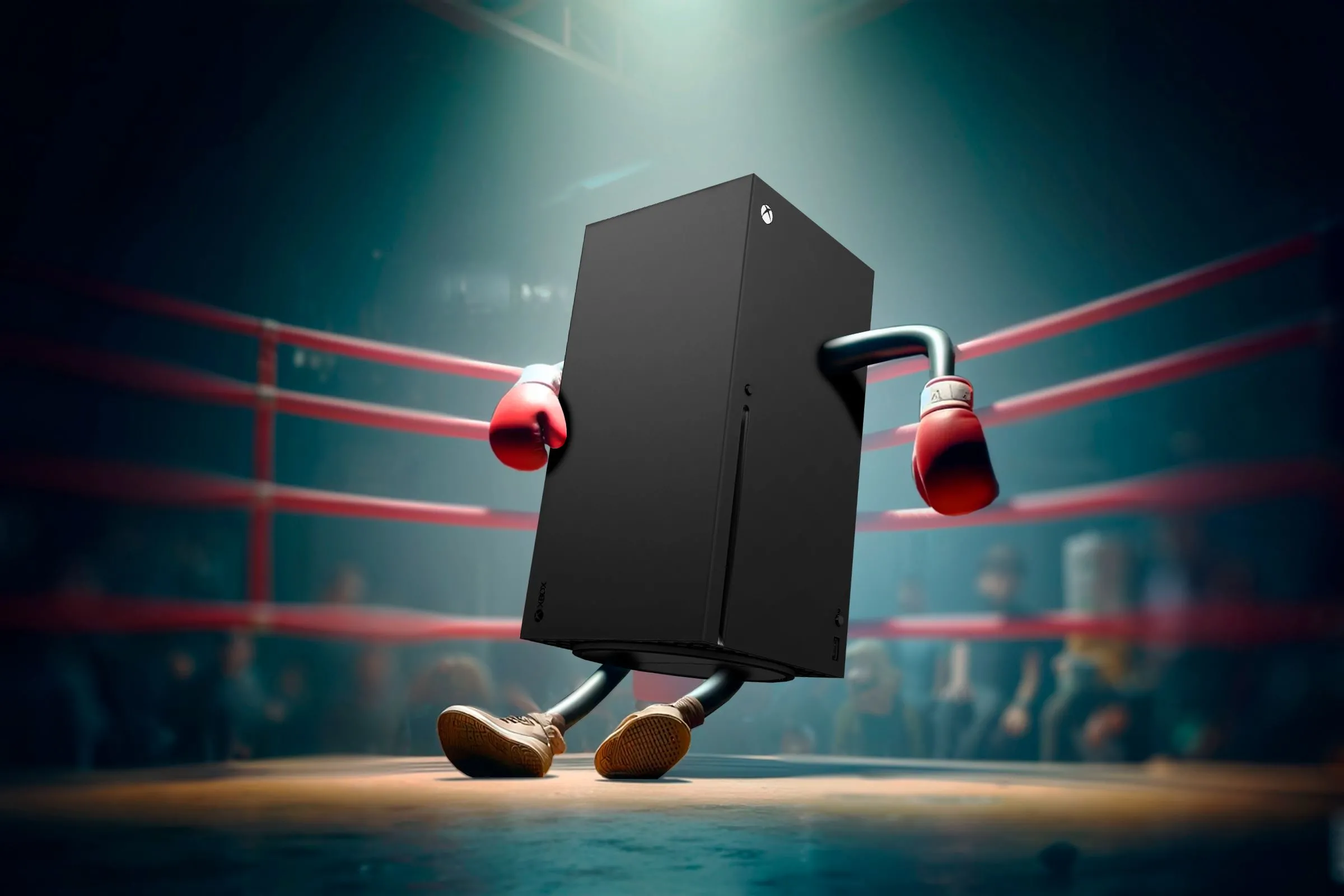 Hình ảnh ẩn dụ: Một chiếc Xbox Series X nằm gục trong võ đài, tượng trưng cho sự thất thế trong cuộc chiến console.
