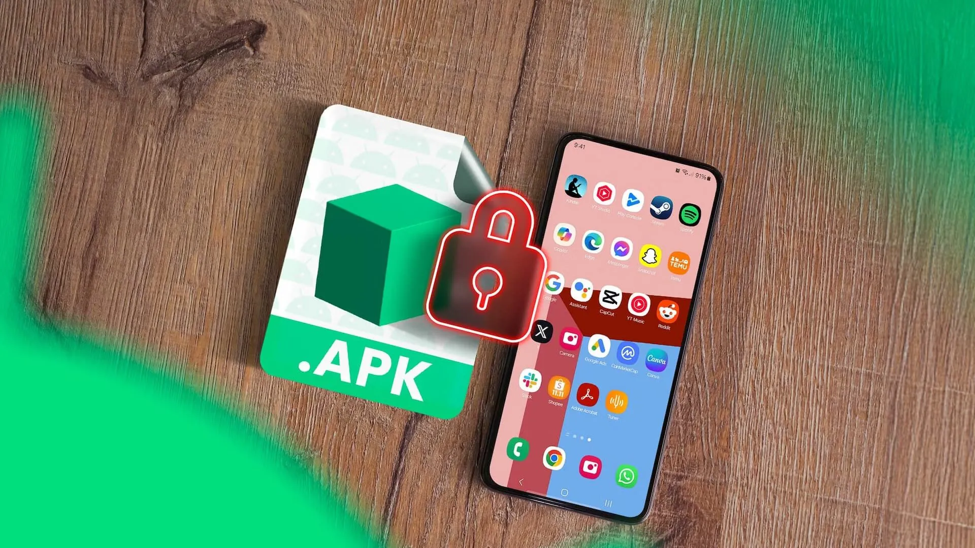 Hình ảnh biểu tượng APK bên cạnh một chiếc điện thoại thông minh với một ổ khóa ở giữa.