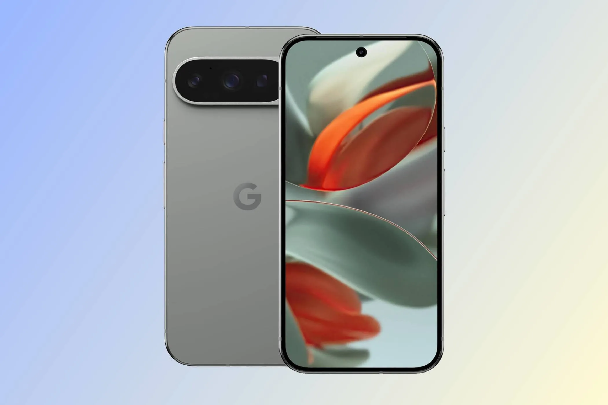 Hình ảnh mặt trước và mặt sau của Google Pixel 9 Pro, minh họa thiết kế tổng thể và cụm camera nổi bật, tối ưu cho chụp ảnh thiếu sáng.
