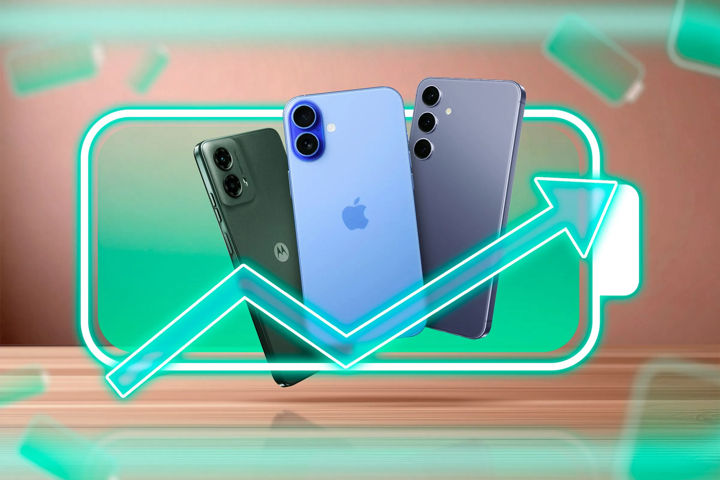 Hình ảnh minh họa các mẫu smartphone hiện đại với biểu tượng pin và mũi tên tăng cường, tượng trưng cho sự cải thiện thời lượng pin.