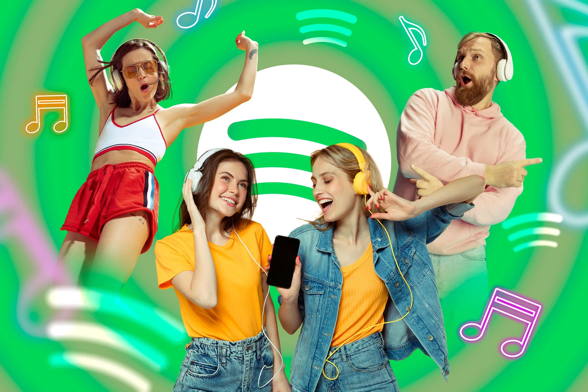 Hình ảnh minh họa nhiều người đang vui vẻ nghe nhạc, với logo Spotify nổi bật, thể hiện tính năng playlist cộng tác giúp kết nối gia đình và bạn bè qua âm nhạc.