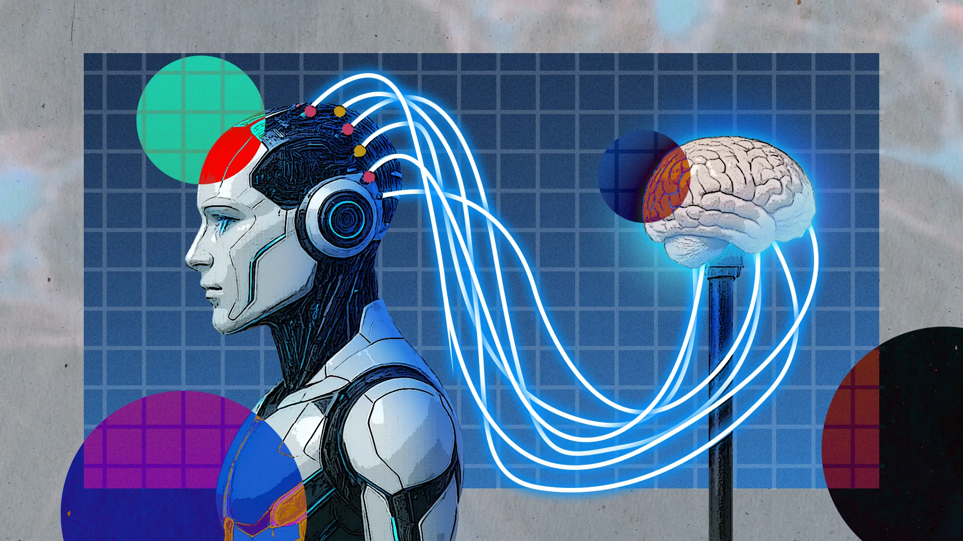 Hình ảnh minh họa robot AI được kết nối với bộ não, thể hiện công nghệ game engine được dùng để huấn luyện robot.