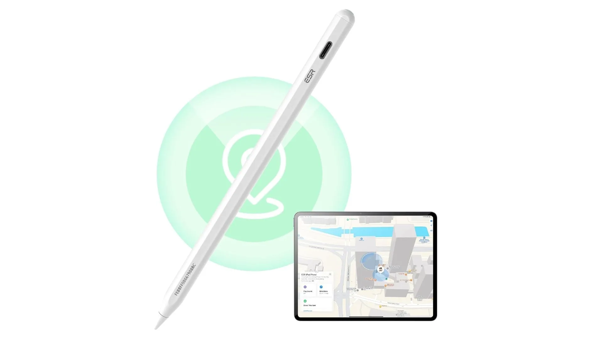 Hình ảnh minh họa tính năng định vị Find My của bút cảm ứng ESR Geo Digital Pencil trên iPad