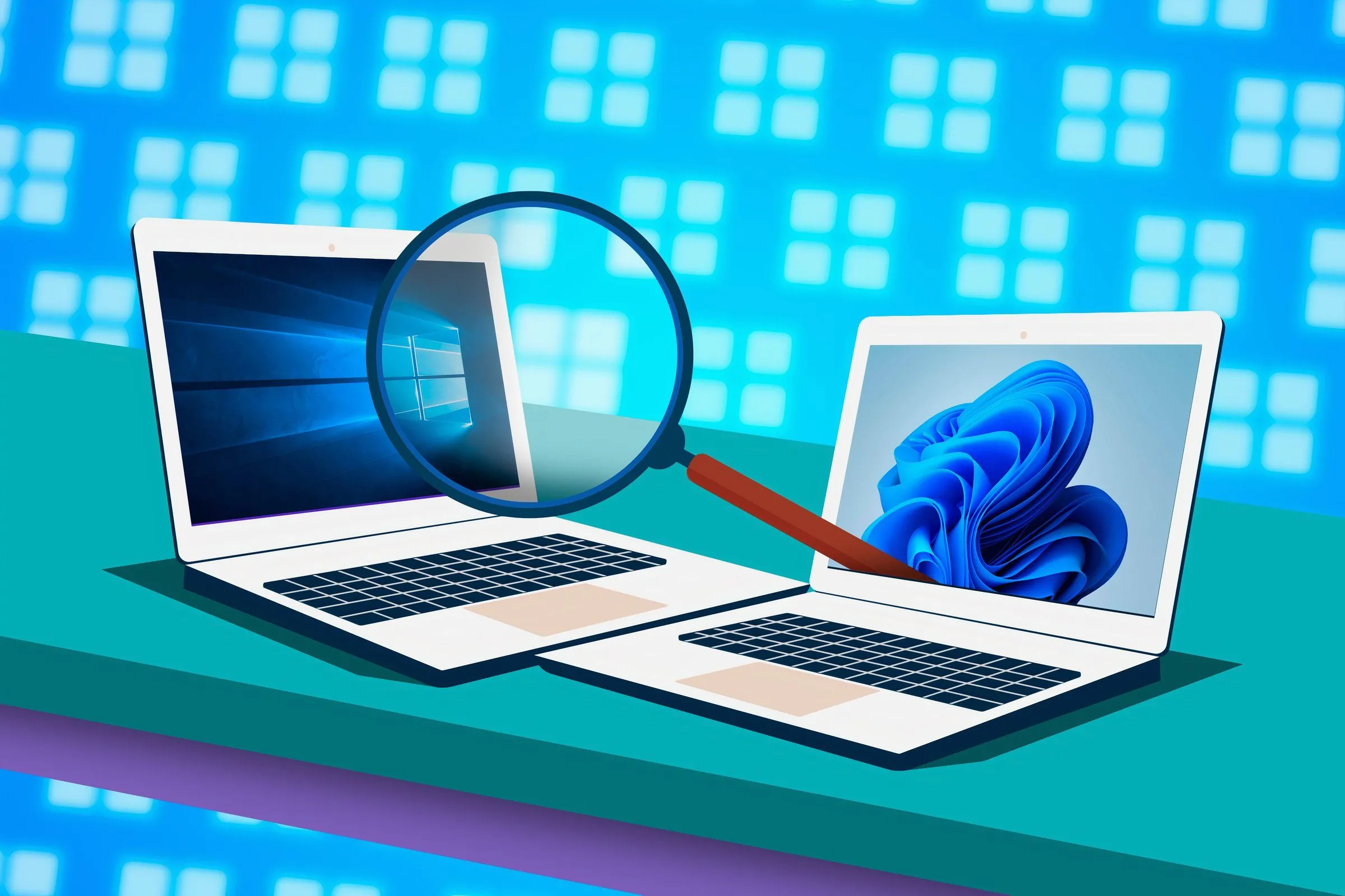 Hình ảnh minh họa Windows 11 và Windows 10 với kính lúp, ám chỉ sự so sánh hoặc tìm kiếm tính năng đã mất, liên quan đến các hạn chế của tính năng gỡ bloatware.