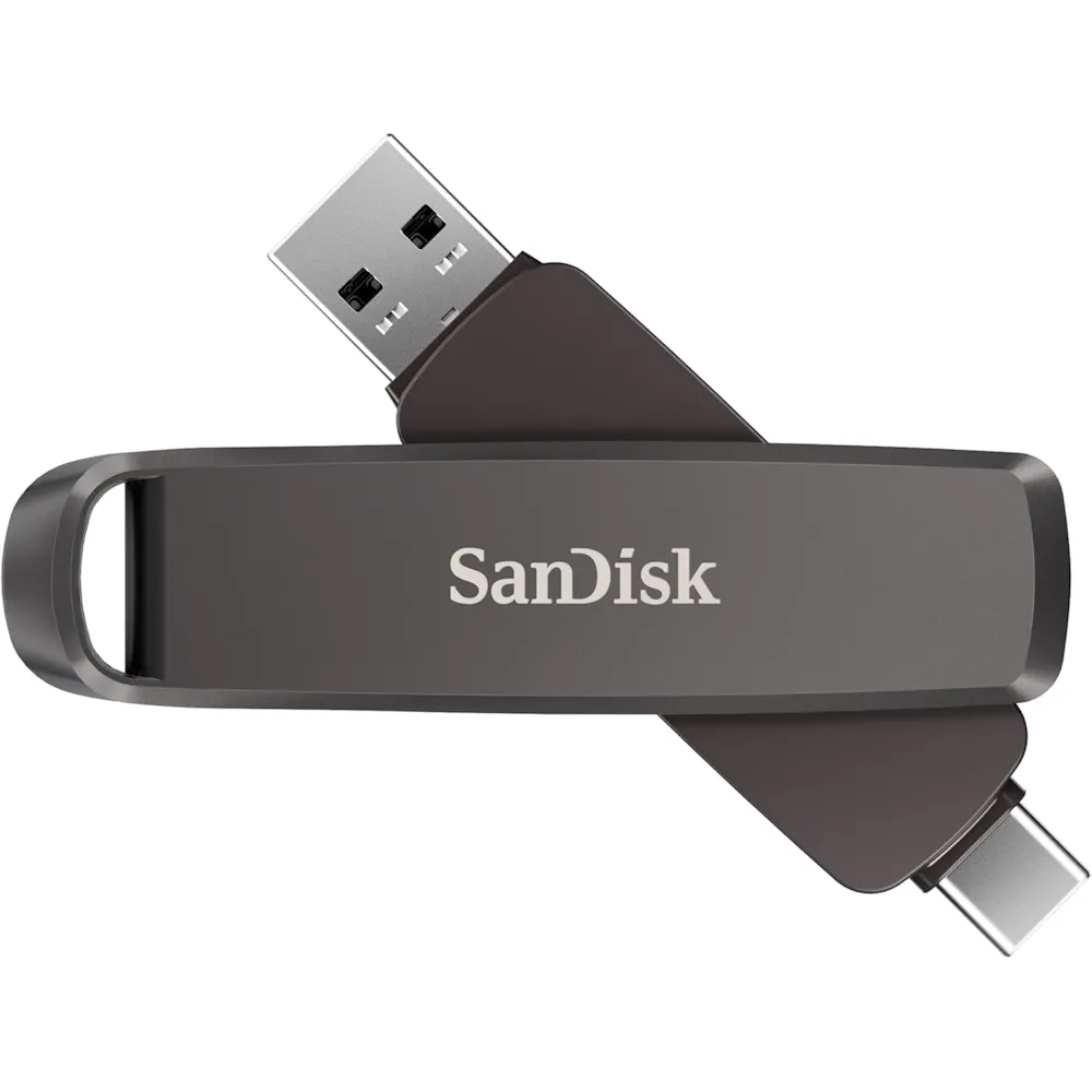 Hình ảnh một chiếc USB SanDisk Extreme PRO Dual Drive dung lượng 512GB với hai đầu cắm USB-A và USB-C.