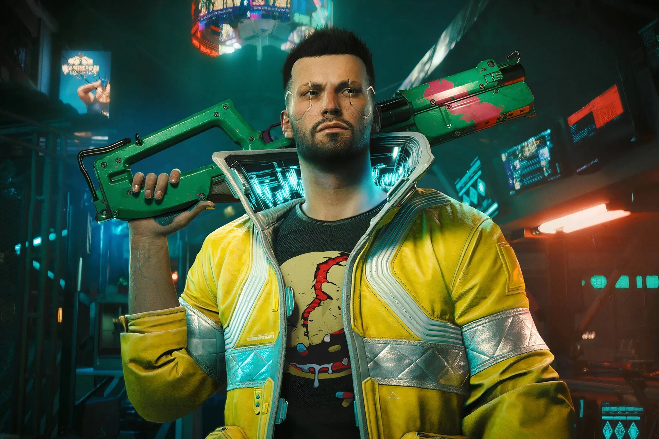 Hình ảnh một nhân vật nam trong Cyberpunk 2077 với vũ khí, thể hiện phong cách khoa học viễn tưởng u tối của Night City.