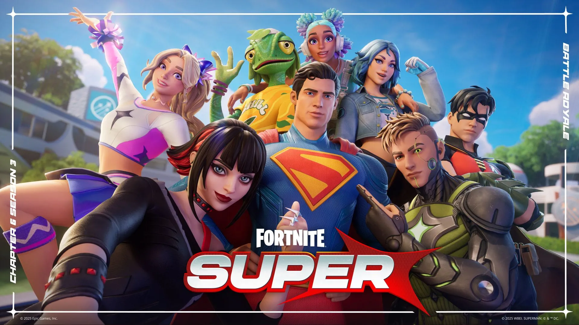 Hình ảnh quảng cáo cho Fortnite BR Chapter 6 Season 3: Super, với Superman và các nhân vật gốc, minh họa sự hấp dẫn của battle pass.