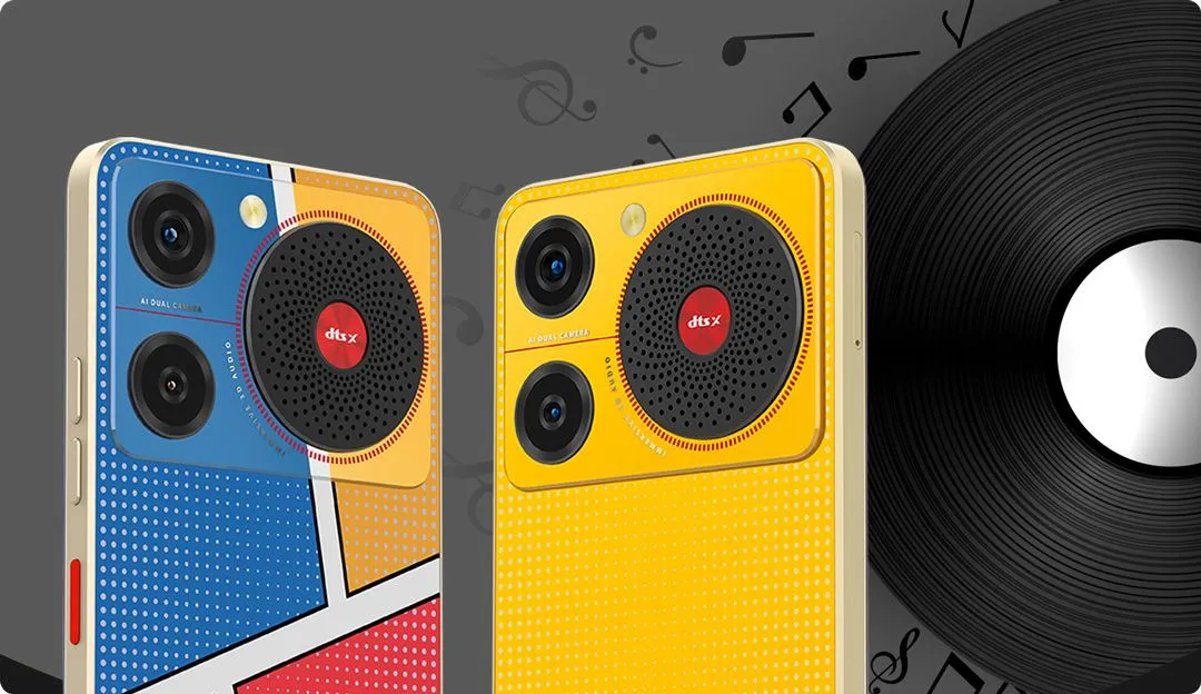 Hình ảnh quảng cáo điện thoại ZTE Nubia Music 2, nổi bật với thiết kế độc đáo và hệ thống loa lớn, minh chứng cho sự sáng tạo trong ngoại hình smartphone.