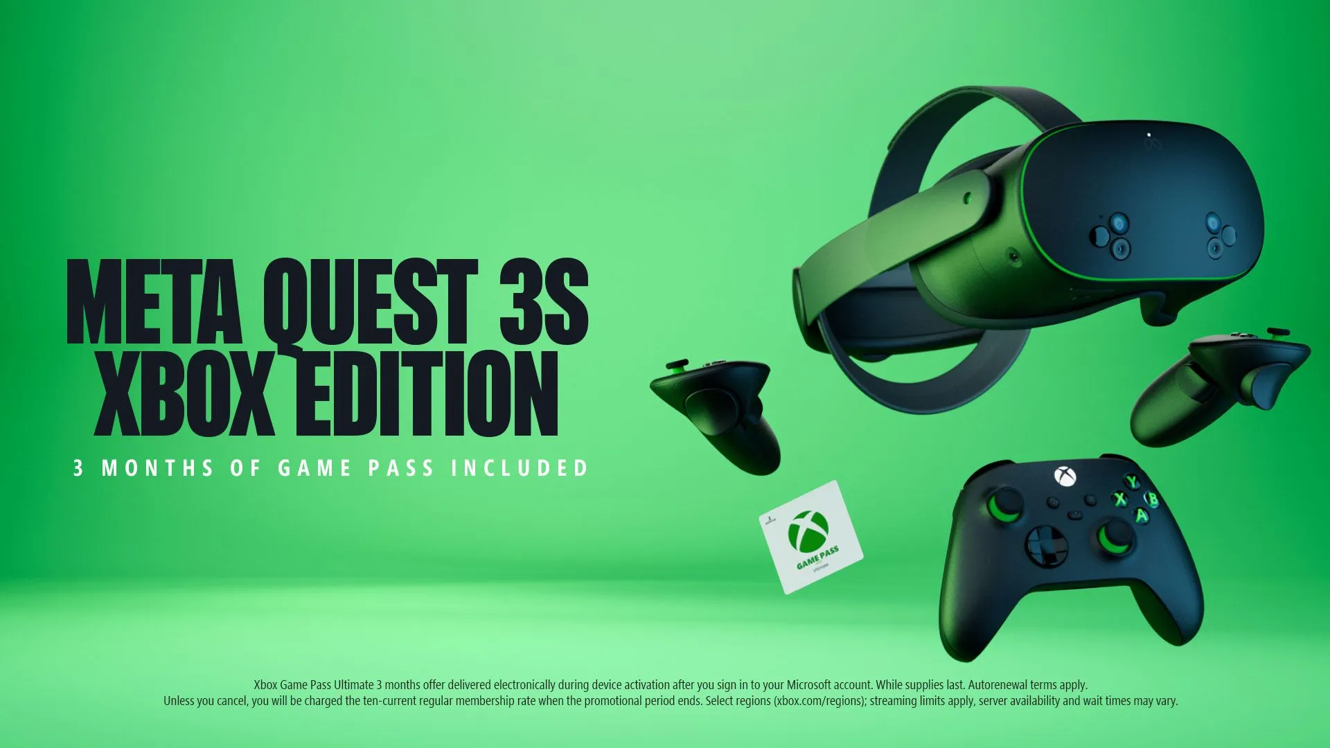Hình ảnh quảng cáo kính thực tế ảo Meta Quest 3S phiên bản Xbox với thiết kế đen xanh đặc trưng.