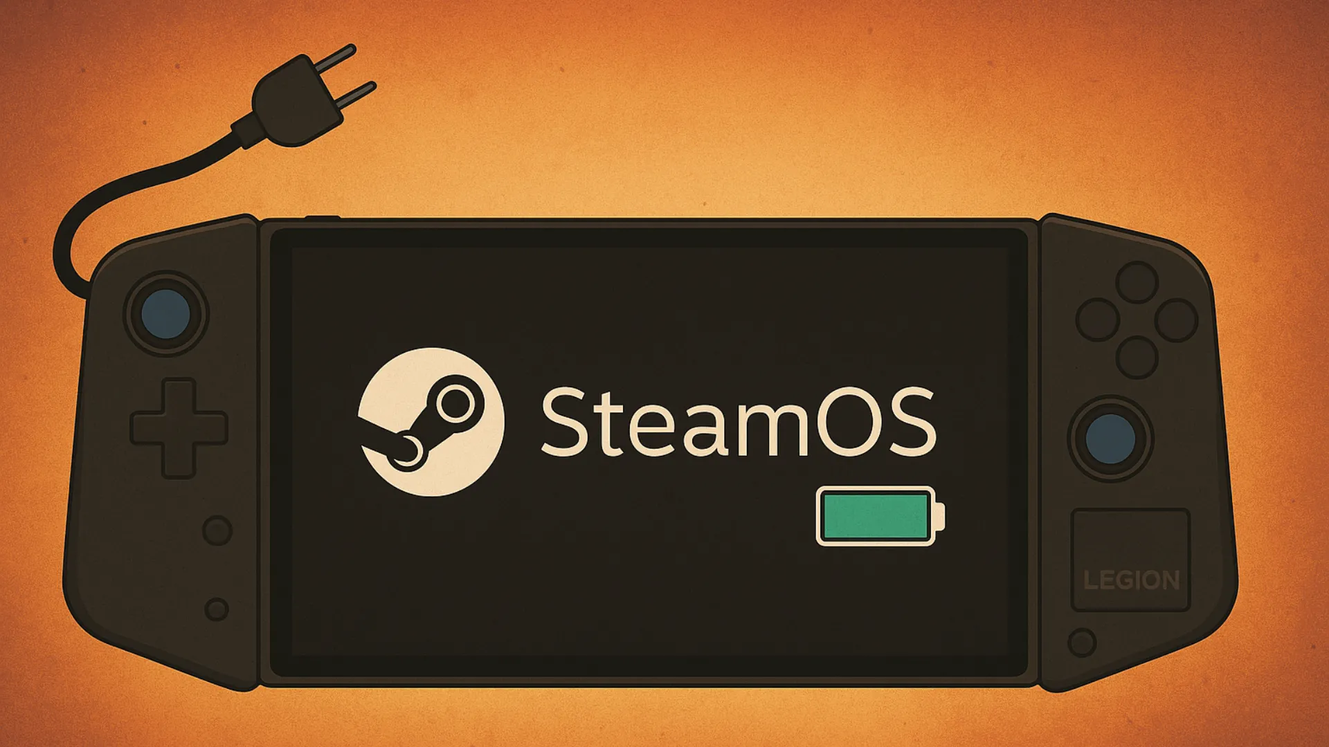 Hình minh họa Lenovo Legion Go với pin đầy, không cắm sạc, thể hiện khả năng tối ưu pin của SteamOS.
