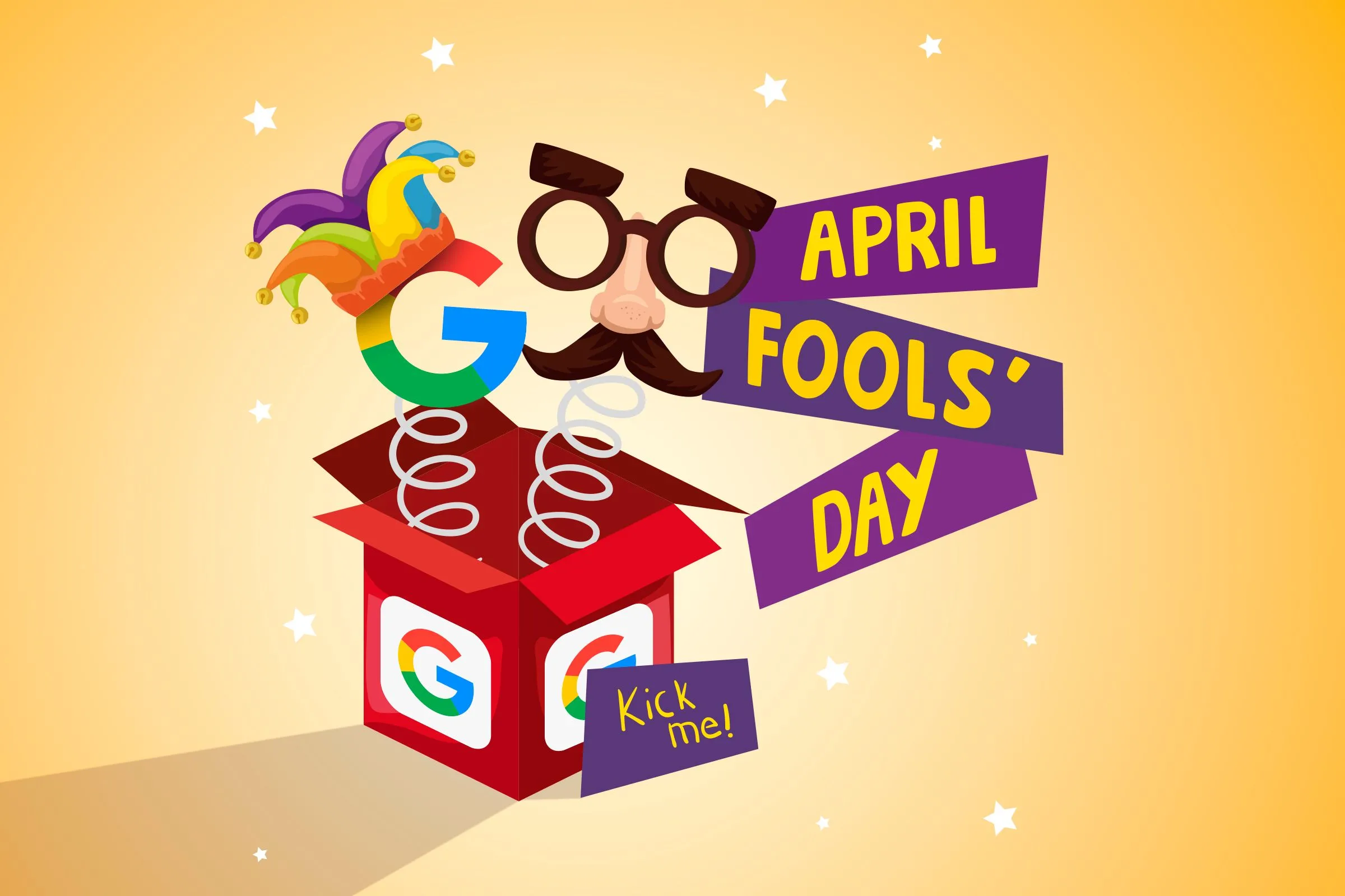 Hộp quà bất ngờ màu đỏ với logo Google và dòng chữ April Fools Day