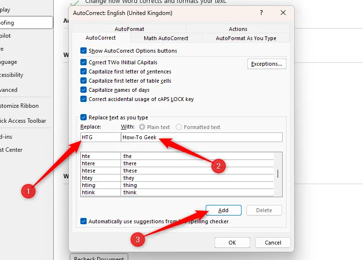 Hộp thoại AutoCorrect của Word, minh họa cách thêm mục sửa lỗi tự động với Replace và With