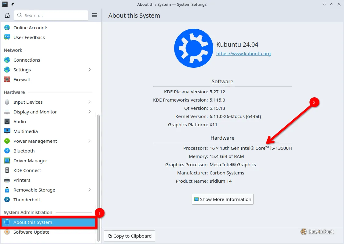 Hộp thoại Cài đặt KDE Plasma với chế độ xem 'Giới thiệu về hệ thống này' đang mở và một mũi tên đỏ chỉ vào tên bộ xử lý.