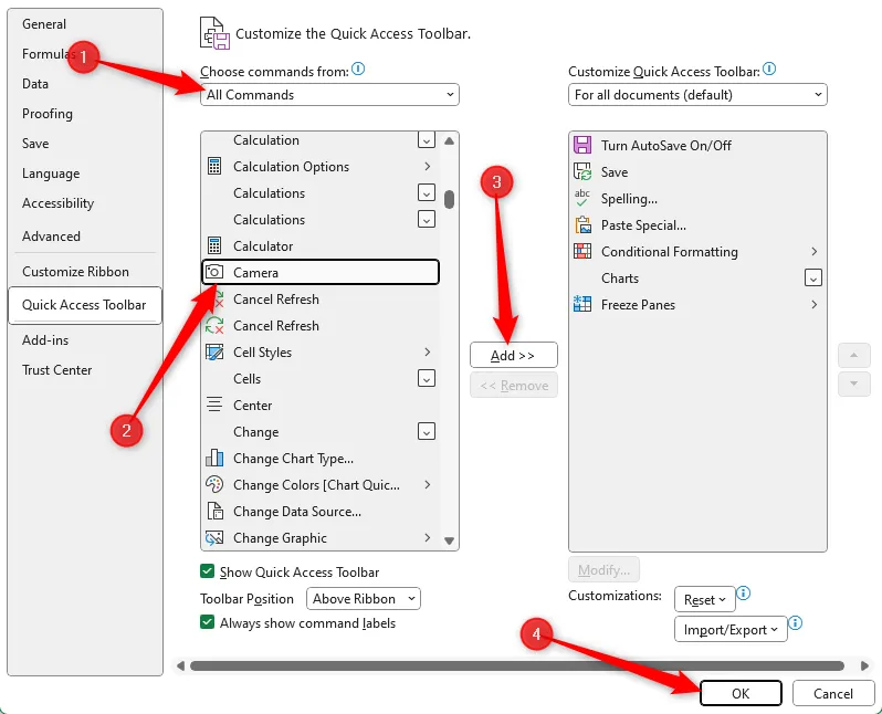 Hộp thoại Excel Options hiển thị các bước cần thiết để thêm công cụ Camera vào Quick Access Toolbar.