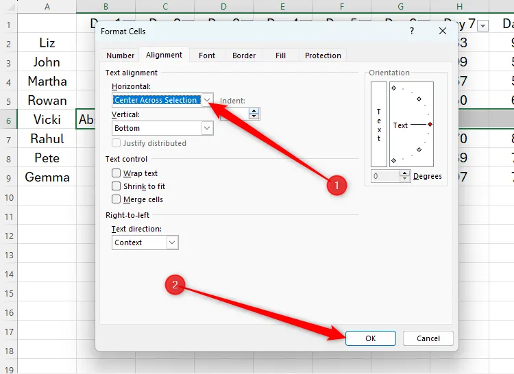 Hộp thoại Format Cells của Excel với tab Alignment được mở, tùy chọn Horizontal được thay đổi thành Center Across Selection
