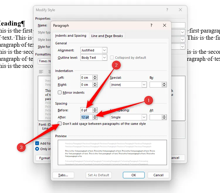 Hộp thoại Paragraph (Đoạn văn) trong Word hiển thị Spacing After (Khoảng cách sau) là 12 pt, Spacing Before (Khoảng cách trước) là 0 pt.