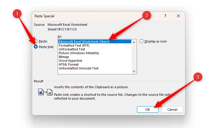 Hộp thoại &quot;Paste Special&quot; trong Word, chọn &quot;Paste Link&quot; và &quot;Microsoft Excel Worksheet Object&quot; để liên kết bảng Excel.