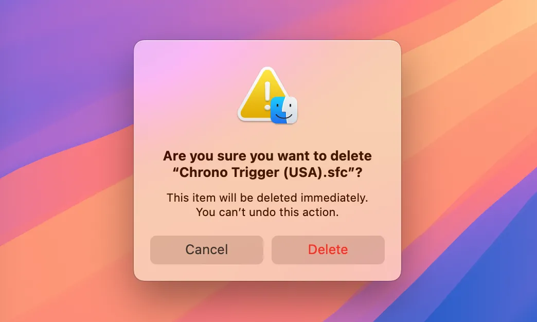 Hộp thoại xác nhận xóa tệp tin vĩnh viễn trên macOS mà không qua thùng rác