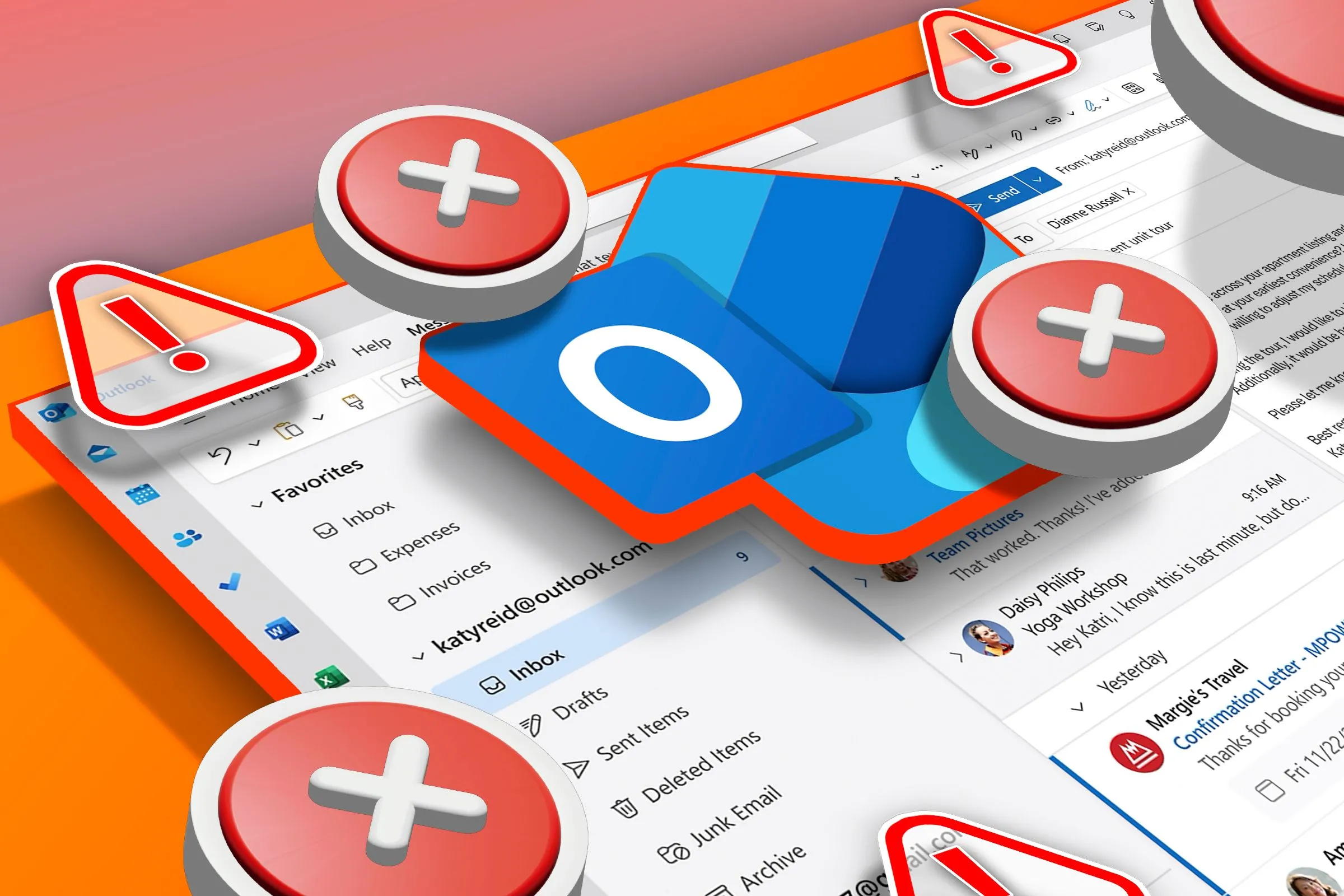 Hộp thư đến Outlook với logo Outlook mới và nhiều biểu tượng cảnh báo lỗi