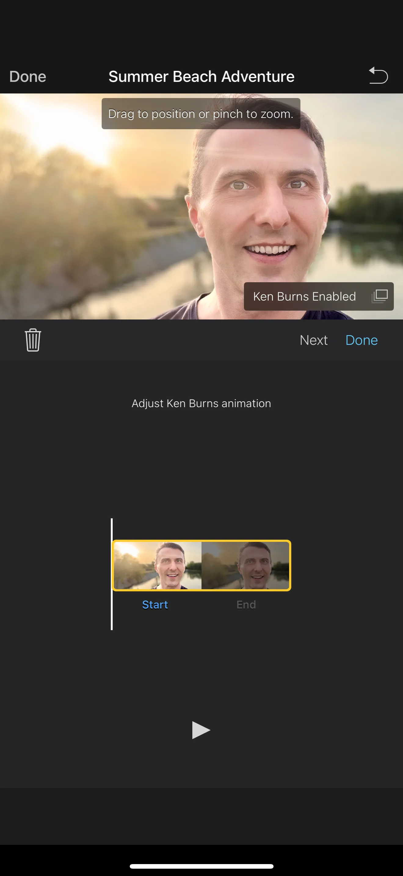 iMovie trên iPhone hiển thị giao diện để điều chỉnh cắt ảnh, phóng to và hiệu ứng Ken Burns, giúp tạo ra các chuyển động mượt mà cho hình ảnh.