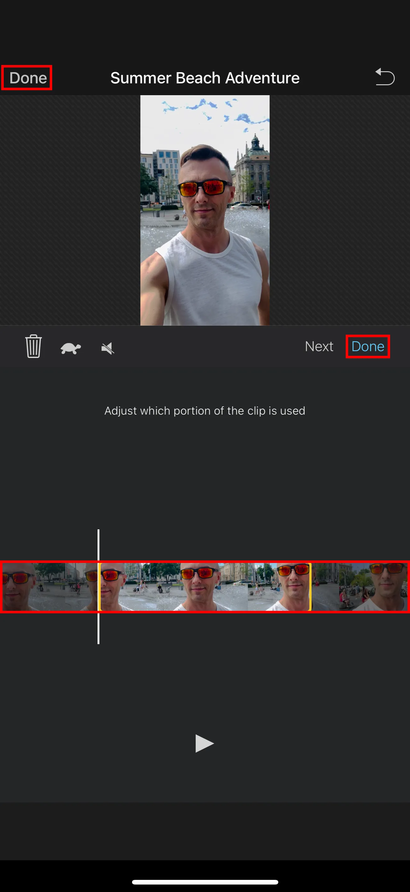 iMovie trên iPhone hiển thị trình cắt video để điều chỉnh phần nào của clip sẽ sử dụng, tối ưu hóa nội dung cho trailer.