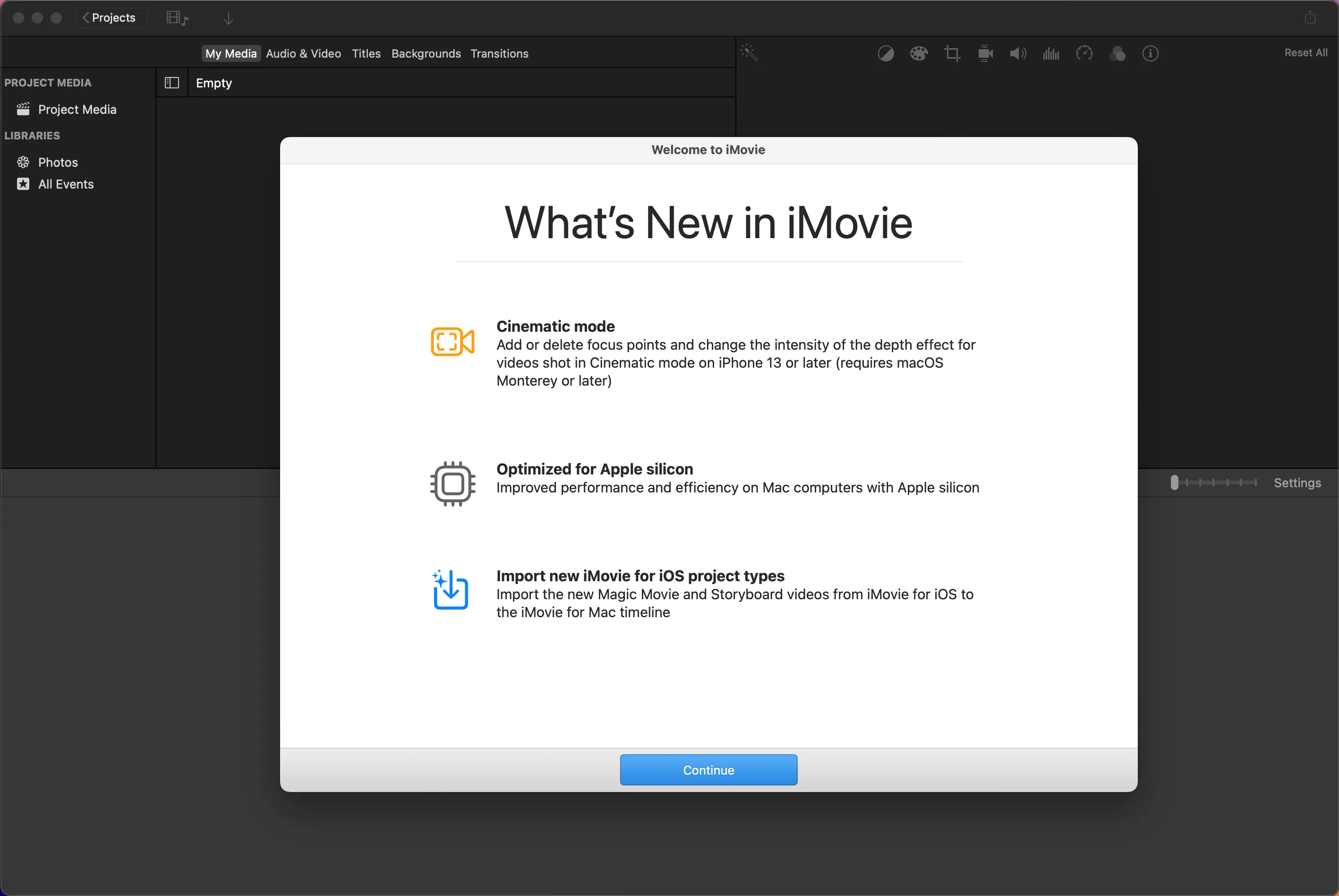 iMovie trên Mac hiển thị màn hình chào mừng làm nổi bật các tính năng mới nhất, giới thiệu khả năng chỉnh sửa video.