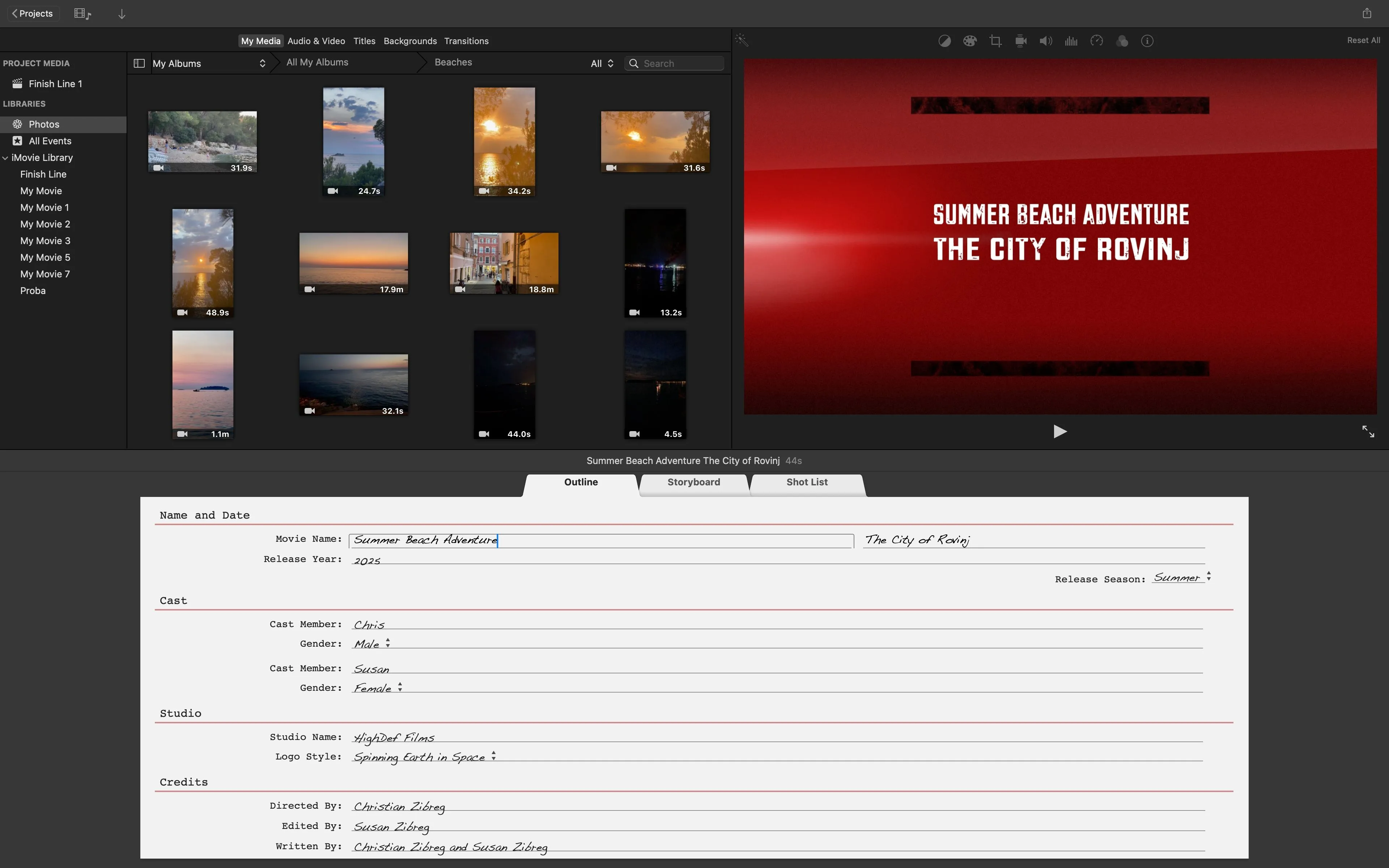 iMovie trên Mac với tab Outline được chọn, hiển thị các trường để nhập credit trailer, tên diễn viên và các thông tin dự án khác.