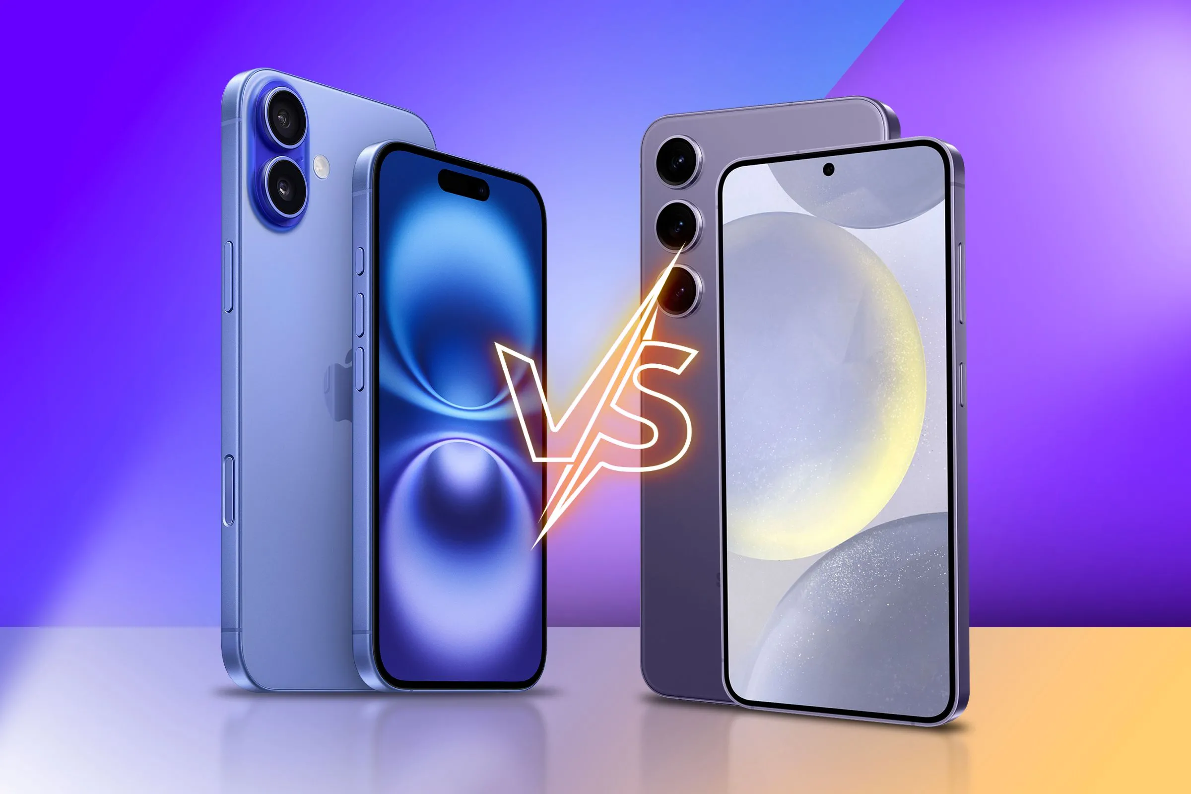 iPhone 16 và Galaxy S24 với biểu tượng so sánh ở giữa