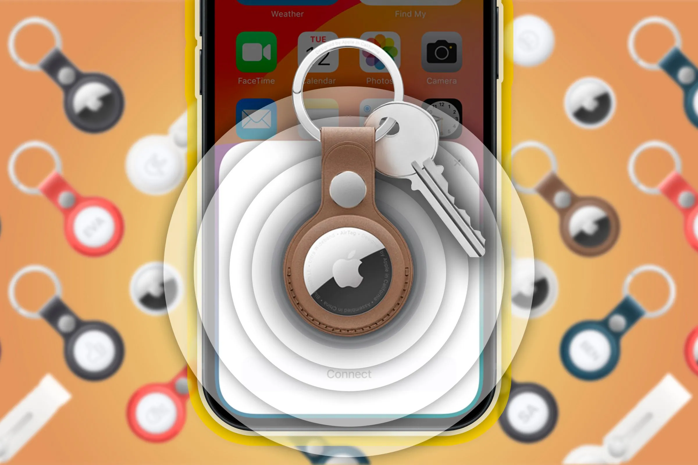 iPhone hiển thị vị trí AirTag, với nhiều AirTag và thiết bị Apple khác ở hậu cảnh