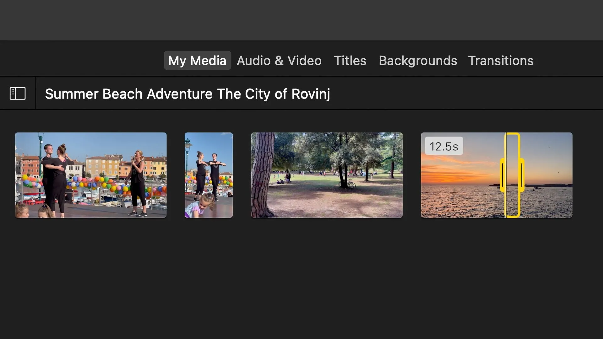 Kéo để chọn phạm vi video tùy chỉnh trong iMovie trên Mac, giúp bạn chính xác hóa phần clip mong muốn.
