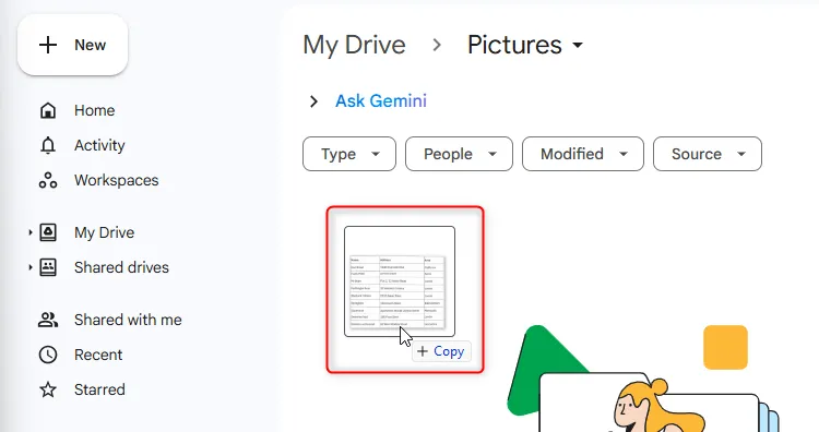 Kéo và thả tệp ảnh từ máy tính vào giao diện Google Drive để tải lên