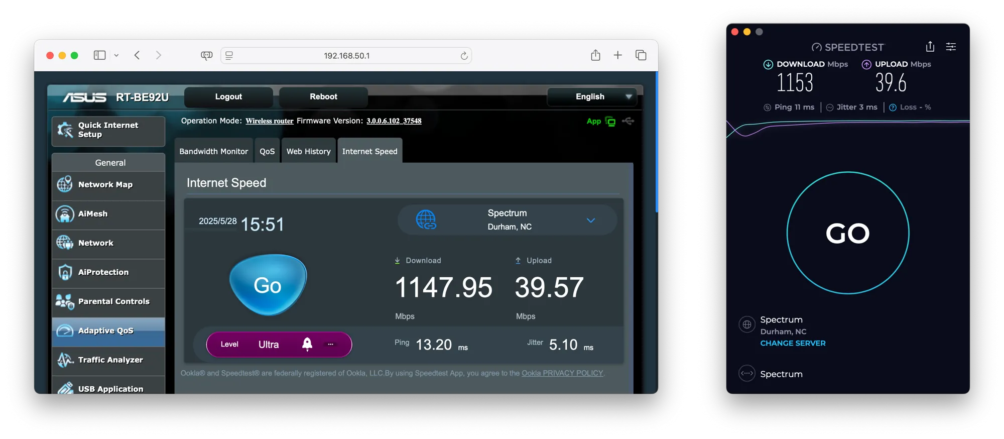 Kết quả kiểm tra tốc độ Speedtest cho thấy router và máy Mac đạt tốc độ tải xuống gigabit gần như tương đồng