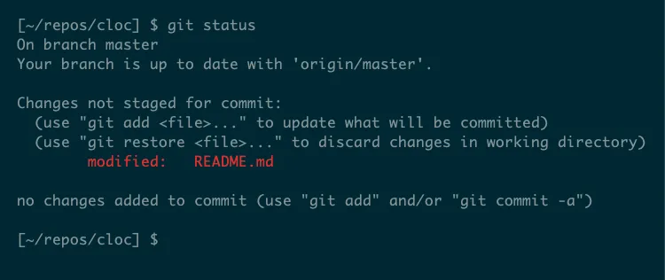 Kết quả lệnh 'git status' cho thấy tệp 'README.md' đã bị sửa đổi trong kho lưu trữ Git cục bộ.