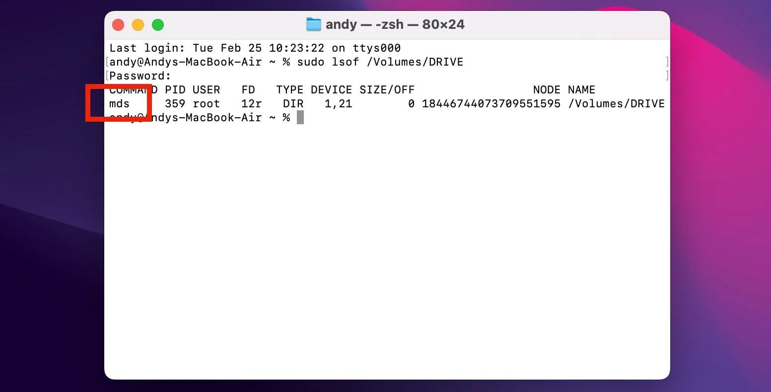 Kết quả lệnh sudo lsof trong Terminal cho thấy tiến trình &quot;mds&quot; đang truy cập ổ đĩa ngoài trên macOS