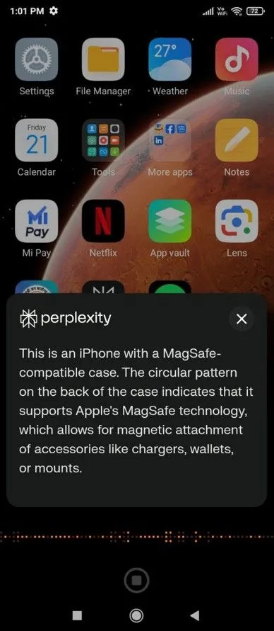 Kết quả Perplexity AI mô tả chi tiết vật thể được nhận diện thông qua camera của smartphone Android.