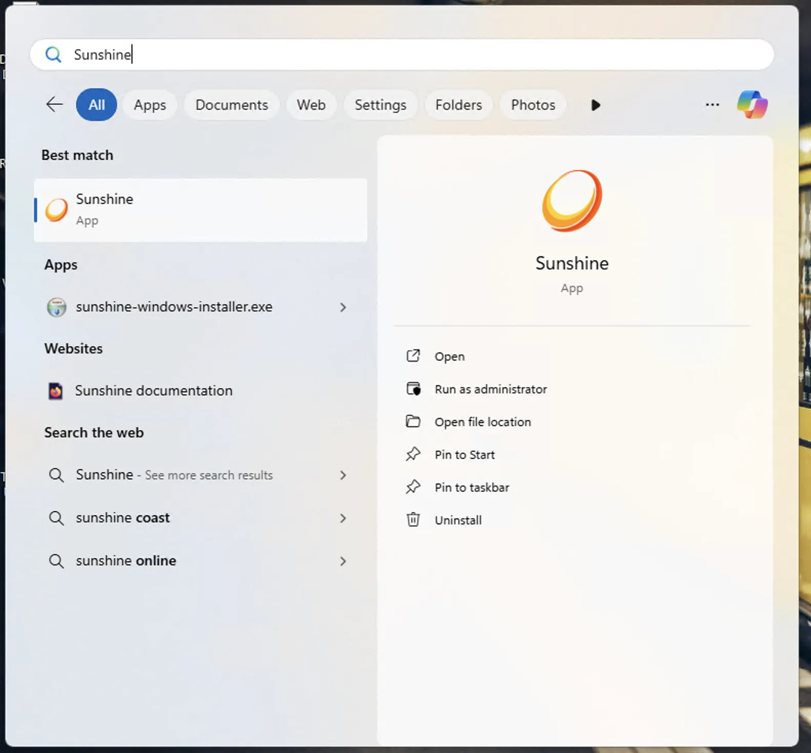 Khởi chạy máy chủ stream game Sunshine từ menu Start của Windows.