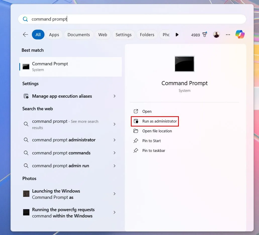 Khởi chạy ứng dụng Command Prompt với quyền quản trị viên trên Windows