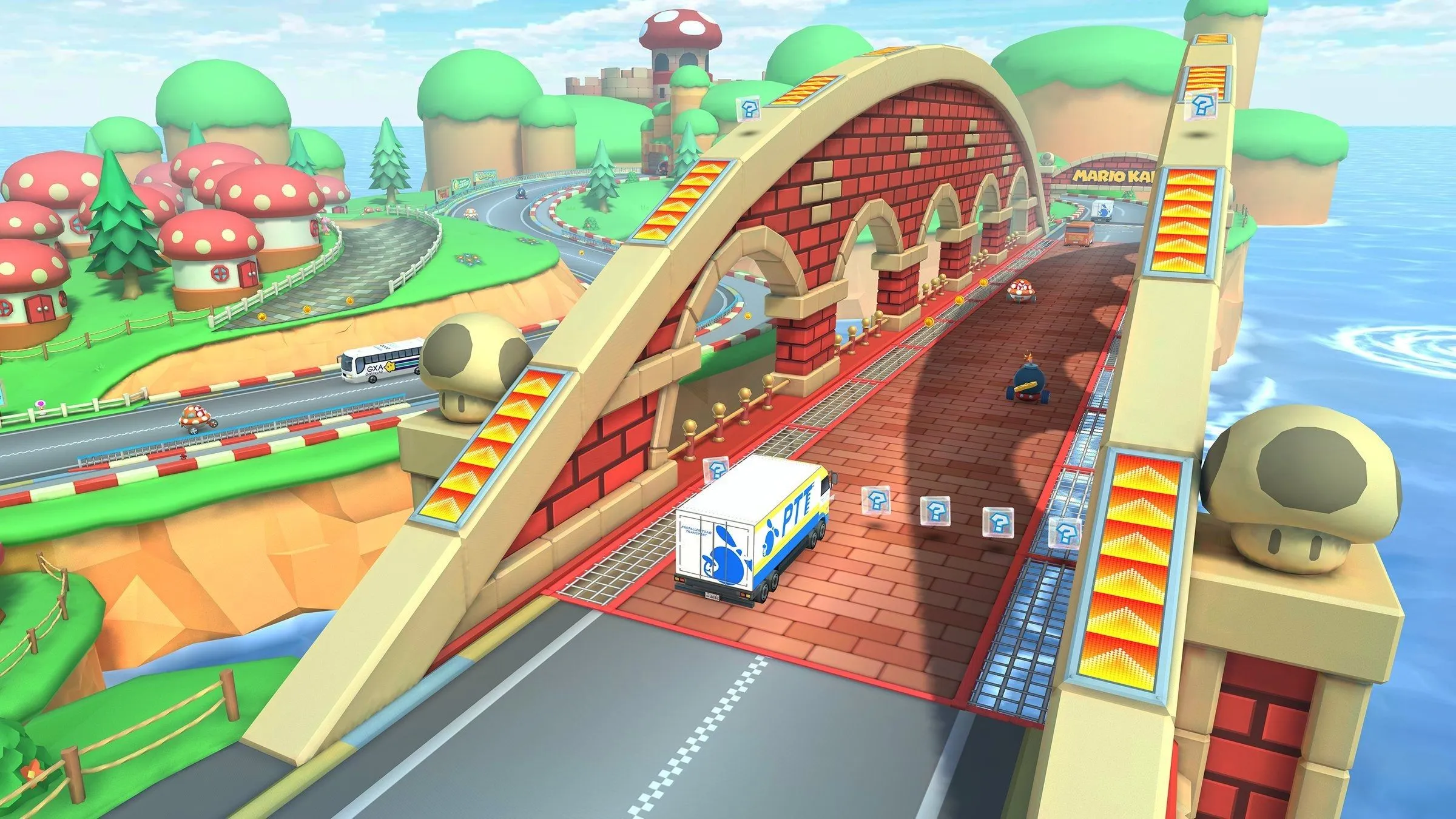 Khung cảnh cầu Nấm (Mushroom Bridge) với những chiếc xe giao thông tấp nập trong series Mario Kart