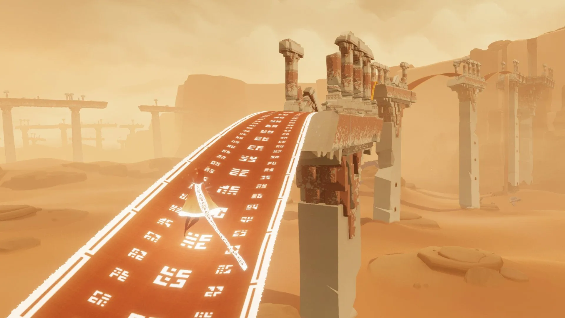 Khung cảnh nghệ thuật và độc đáo của game Journey, nổi bật với phong cách đồ họa tối giản và trải nghiệm kể chuyện qua âm nhạc.