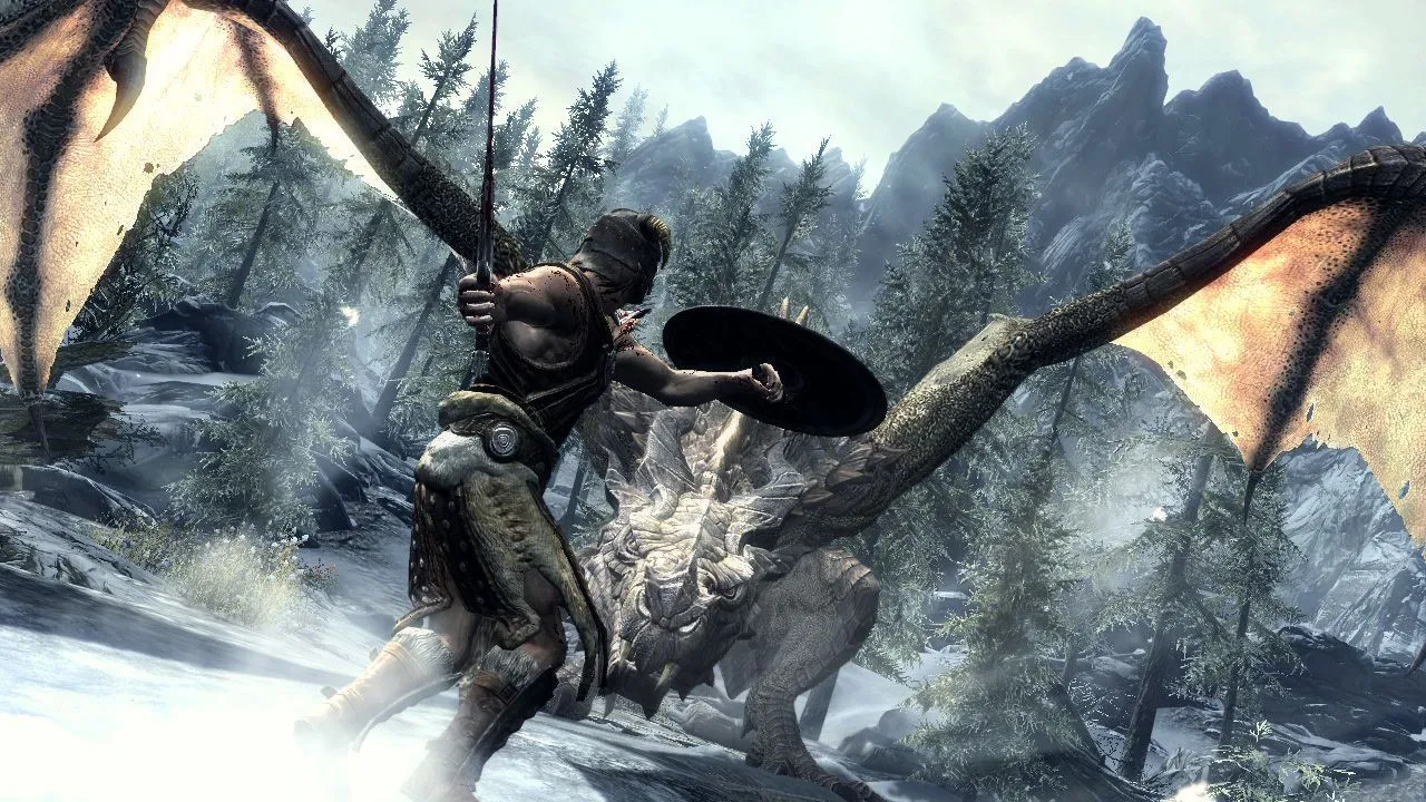 Khung cảnh thế giới mở rộng lớn trong The Elder Scrolls V: Skyrim, một tựa game nhập vai RPG của Bethesda nổi tiếng với đồ họa và âm nhạc ấn tượng.