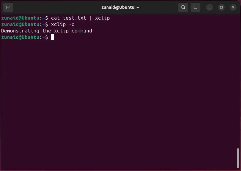 Kiểm tra và hiển thị nội dung hiện tại của clipboard trên terminal Linux bằng lệnh xclip -o.