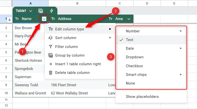 Kiểu dữ liệu của một cột trong bảng Google Trang tính đã định dạng được chọn là &quot;Văn bản&quot;