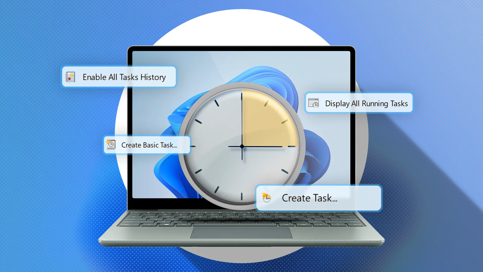 Laptop Windows 11 với biểu tượng Task Scheduler, minh họa việc lên lịch sao lưu tự động
