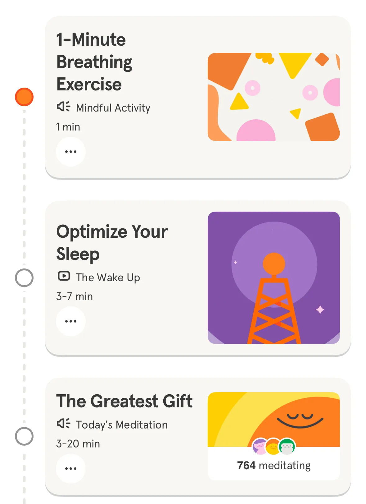 Lịch trình các bài tập chánh niệm và thiền định được hướng dẫn trong ứng dụng Headspace.