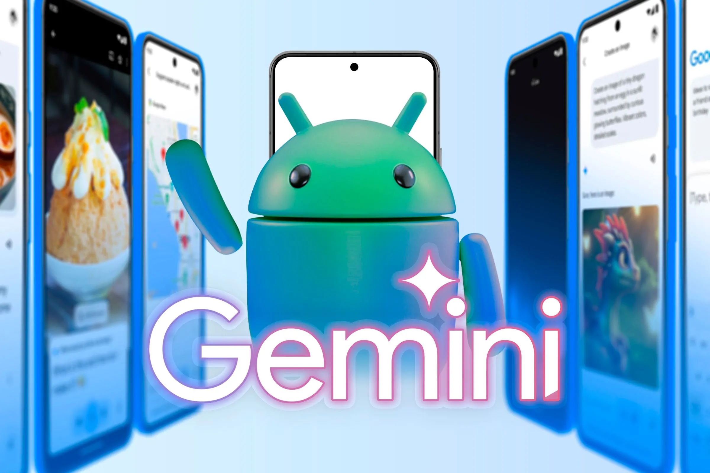Linh vật Android bên cạnh logo Gemini và các ảnh chụp màn hình minh họa chức năng AI