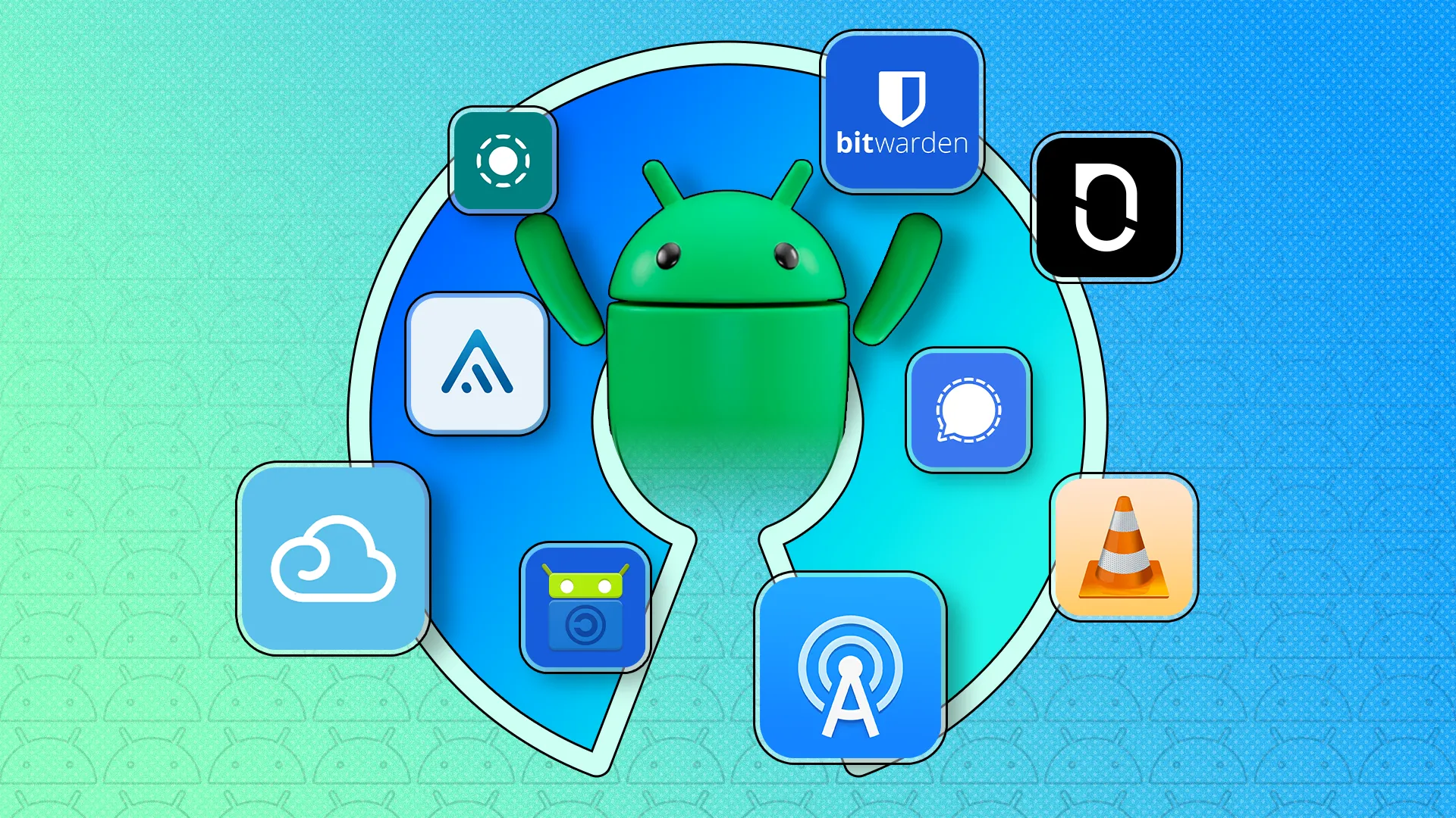 Linh vật Android và biểu tượng mã nguồn mở, thể hiện khả năng tùy biến sâu rộng của hệ điều hành Android thông qua các ứng dụng.