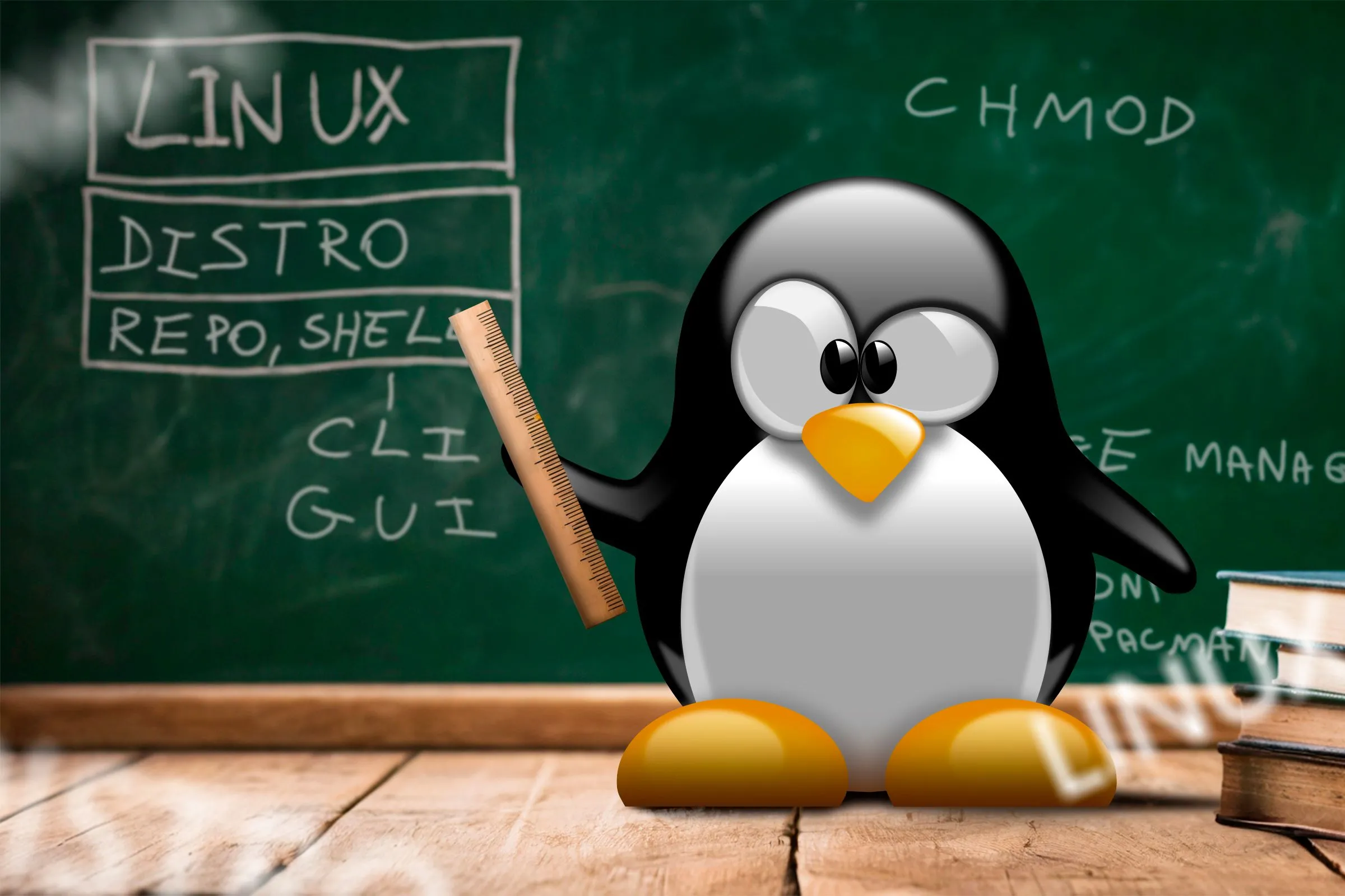 Linh vật Linux Tux trước bảng đen đang giảng giải các thuật ngữ Linux thiết yếu