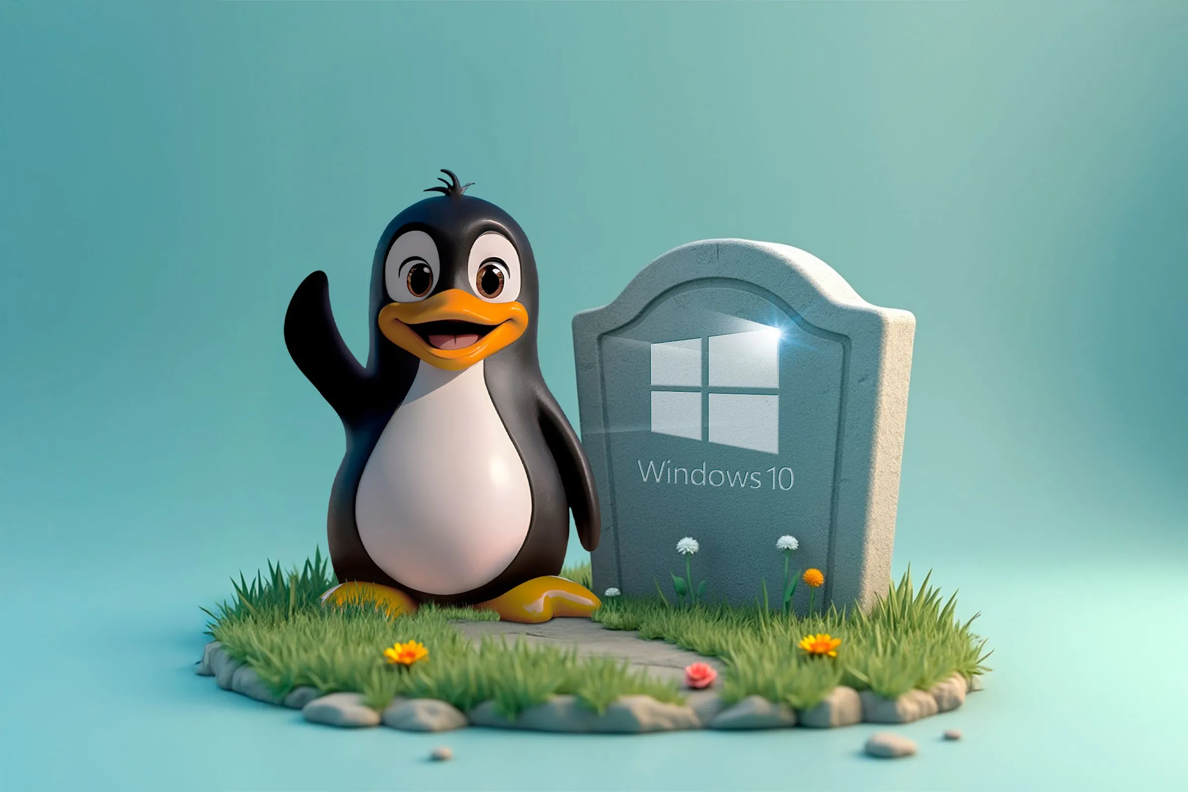 Linh vật Linux Tux vẫy tay bên cạnh bia mộ logo Windows 10, tượng trưng cho sự chuyển đổi nhưng không phải lúc nào cũng là giải pháp hoàn hảo cho mọi vấn đề game