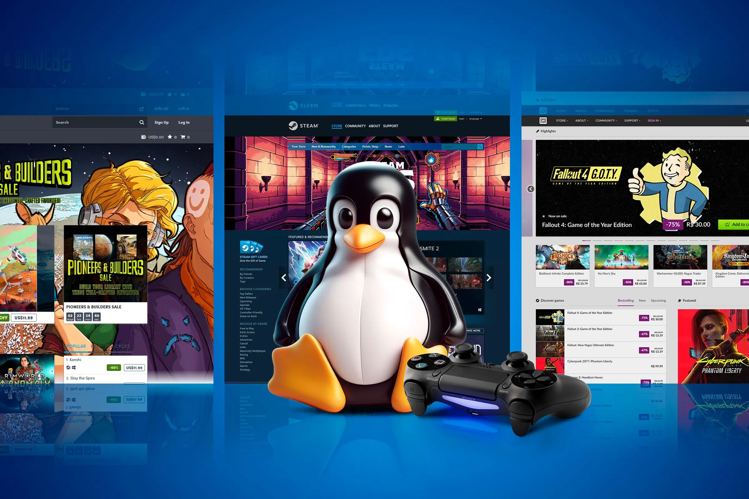 Linh vật Tux của Linux cầm tay cầm chơi game, biểu tượng cho khả năng chơi game trên hệ điều hành này.
