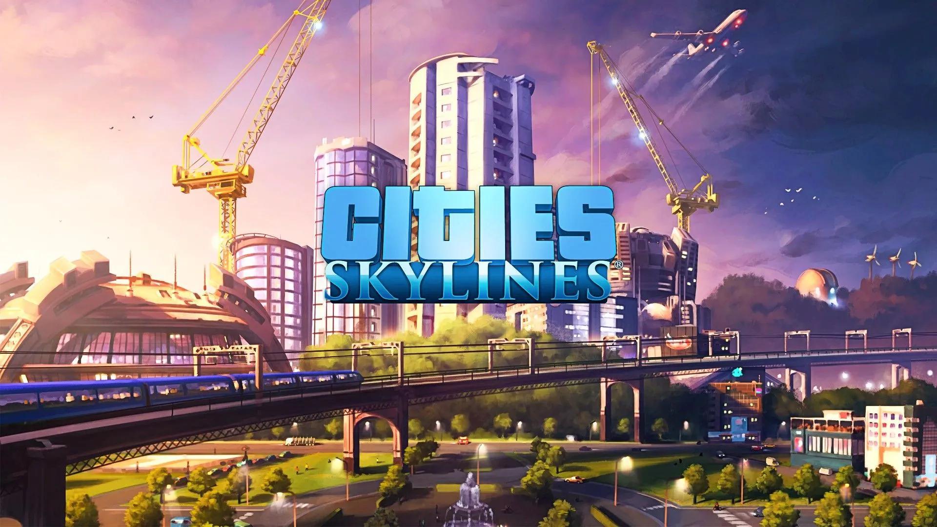 Logo của tựa game Cities: Skylines nổi bật trên nền một thành phố hiện đại và cây xanh, biểu tượng cho sự thành công của game xây dựng đô thị.